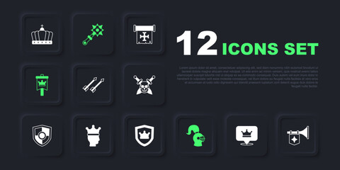 Set King crown, Trumpet with flag, Medieval arrows, helmet, Mace spikes and Shield icon. Vector
