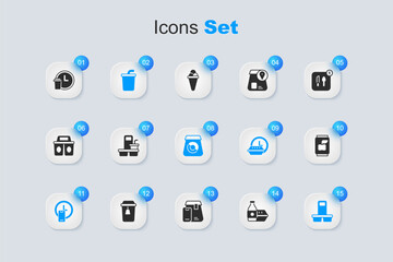 Set Online ordering food, Coffee cup to go, Paper glass with water, Round the clock delivery, Soda can, and icon. Vector