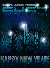 Happy New 2024 Year in Futuristic Night City, cityscape architecture vip card, vector illustration