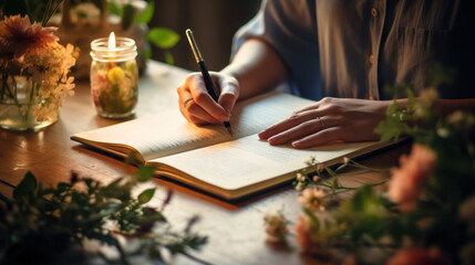 Focused woman, pen in hand, crafting her story in a notepad