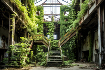 Abandoned industrial building with green plants and stairs in old abandoned factory