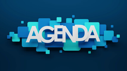 3D render of AGENDA typography with blue and turquoise squares on dark blue background - 648899382