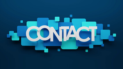 3D render of CONTACT typography with blue and turquoise squares on dark blue background