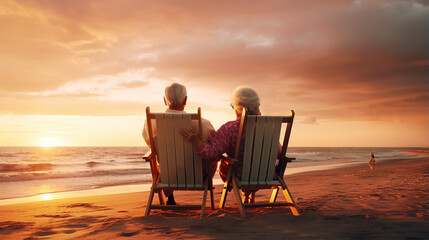 hug and senior couple on beach chair for bonding