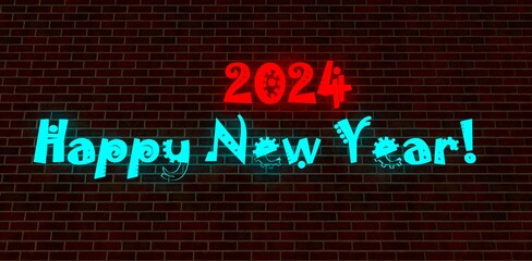 Obraz premium 2024. Happy new year. Glowing inscription on the brick wall. Can be used for Christmas greeting card. 3d rendering.