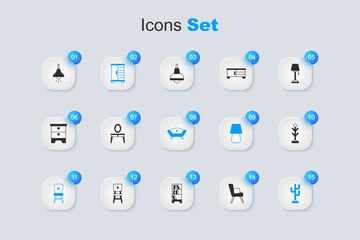 Set Armchair, Dressing table, Wardrobe, Chair, Coat stand, Lamp hanging and Sofa icon. Vector
