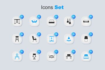 Set Office desk, Armchair, Sofa, Dressing table, Big bed, Table lamp, Chest drawers and Wardrobe icon. Vector