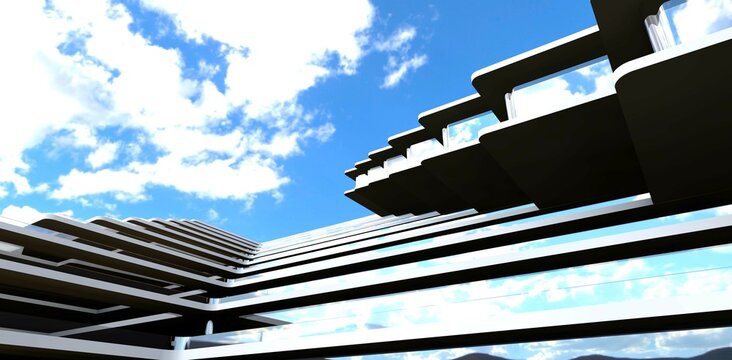 Unusual architectural forms against the cloudy sky. Straight lines of the stair terrace fence. Glass exterior. 3d rendering.