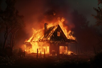 Burning House in the Night. Country House is on Fire. 