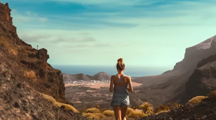 Fototapeten woman turning back fitness in photo of the landscape of the canary islands. © krung99