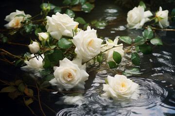 Beautiful white roses reflected in the water.