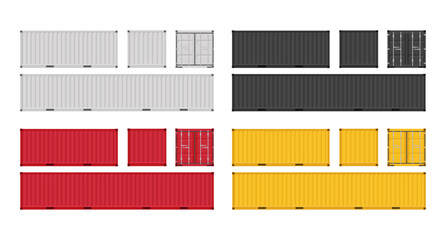 Large shipping containers. Set of cargo containers in different colors. Vector illustration. Isolated on white background.	
