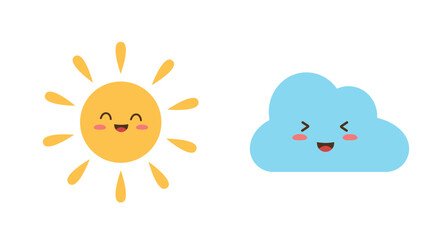Weather icons in Kawaii style. Sun and Cloud. Vector illustration in flat style.	

