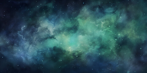 galaxy background in shades of green and blue with white one generative AI - obrazy, fototapety, plakaty