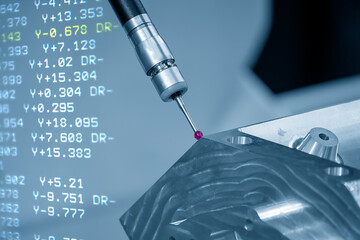 The abstract scene CMM machine measuring the aluminum cylinder head parts and G-code data background.