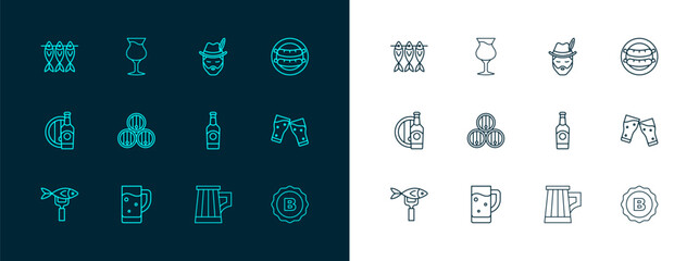 Set line Sausage, Glass of beer, Beer bottle, Wooden mug, barrel, Oktoberfest man, Dried fish and icon. Vector