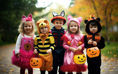 Obraz na płótnie Canvas Children Trick Or Treating with Jack-O-Lantern Candy Buckets on Halloween