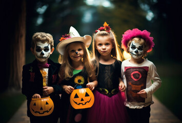 Children Trick Or Treating with Jack-O-Lantern Candy Buckets on Halloween