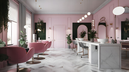 hair salon with a pink and white color scheme three generative AI - obrazy, fototapety, plakaty