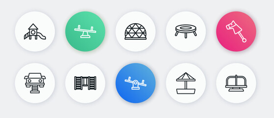 Set line Seesaw, Toy horse, Swing car, Sandbox with sand, Jumping trampoline, Playground climbing equipment, Attraction carousel and Swedish wall icon. Vector