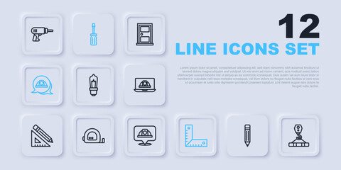 Set line Pencil with eraser, Crane hook, Light bulb, Corner ruler, Worker safety helmet, Roulette construction, Screwdriver and icon. Vector