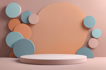 Minimalistic abstract pastel colored 3d vector style backdrop background with pedestal. Circular forms in blue, orange and pink pastel colors.