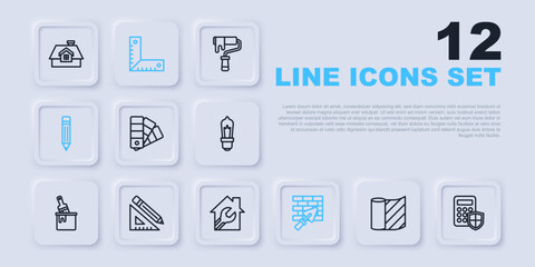 Set line Wallpaper, Security keypad access panel, Color palette guide, Brick wall with trowel, Pencil eraser, Triangular ruler and pencil, Corner and House wrench spanner icon. Vector