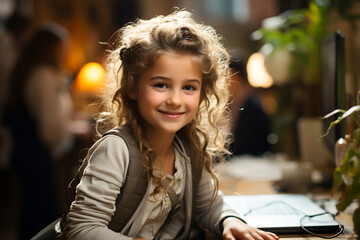 Successful distance learning. Portrait of a happy girl, school student, sitting at the table, using...