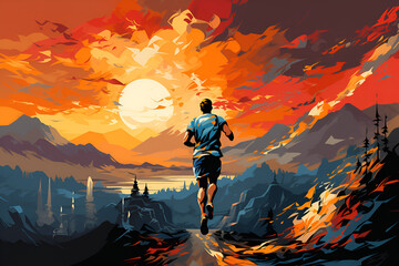 Fototapeta premium male athlete runs along the road towards sunrise against a bright sky background