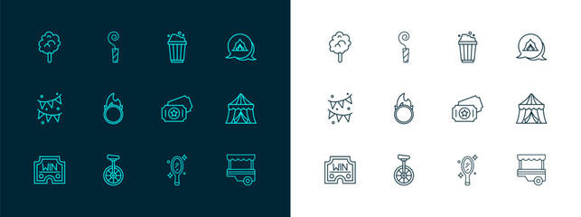Set line Circus tent, Unicycle, ticket, Magic hand mirror, fire hoop, Popcorn in cardboard box, Cotton candy and Birthday party horn icon. Vector