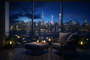 Fototapeta na wymiar Beautiful balcony with a cityscape skyline view. Modern Architecture. Night city view.