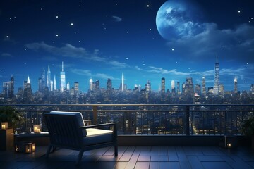 Beautiful balcony with a cityscape skyline view. Modern Architecture. Night city view.