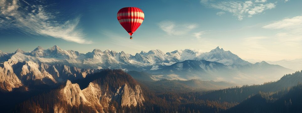 A balloon, a aerostat flying over the mountains, a bird's-eye view of the landscape, the concept of tourism, hobbies and travel.