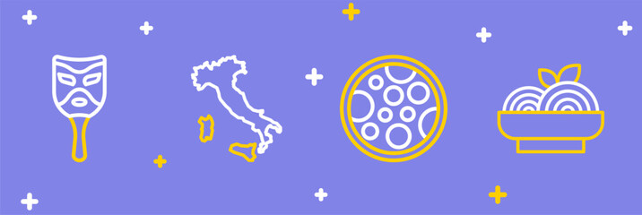 Set line Pasta spaghetti, Pizza, Map of Italy and Carnival mask icon. Vector