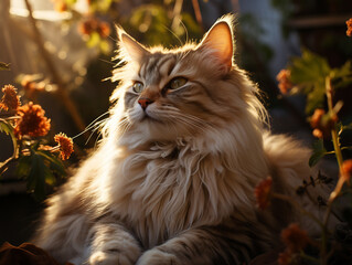 Naklejka na ściany i meble Maine Coon cat outside in the sun surrounded by flowers in the garden, late afternoon sundown, long haired feline, beautiful light