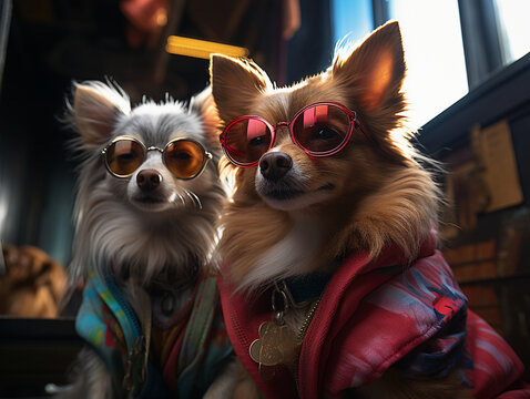 Two rapper Chihuahuas wering cool sunglasses and jackets, pets with clothes, urban dogs