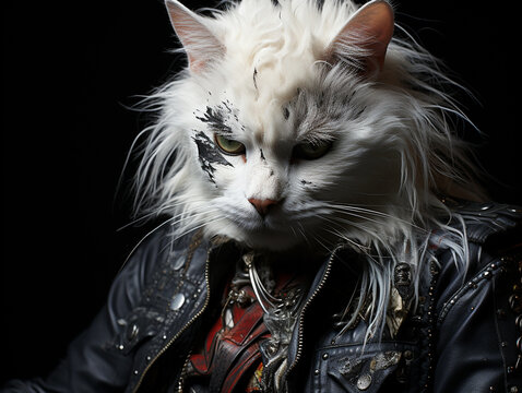 Rockstar cat heavy metal kitty dressed in a leather jacket, alternative urban Persian pet