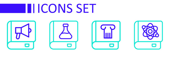 Set line Book about physics, History book, Chemistry and icon. Vector