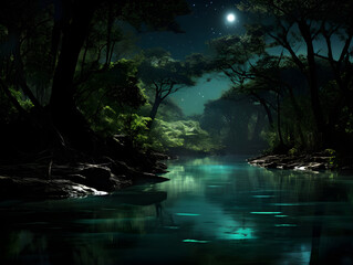 Fototapeta premium Jungle River at Night: Silhouette Trees, Glowing Insects & Enchanted Night Sky