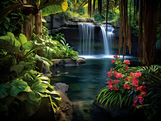 Tropical Waterfall Oasis: Crystal Clear Pools, Blooming Flowers