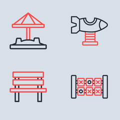 Set line Swing plane, Bench, Education logic game and Sandbox with sand icon. Vector