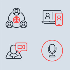 Set line Video chat conference, Microphone and Meeting icon. Vector