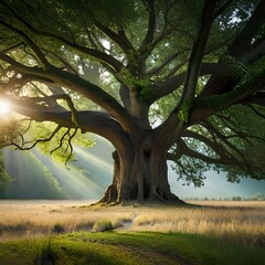 Fototapeta premium of a majestic ancient oak tree standing tall in a serene forest