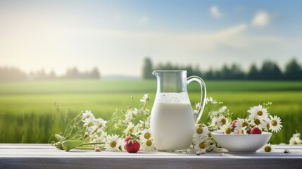 jug with milk and fresh fruits summer field background - obrazy, fototapety, plakaty