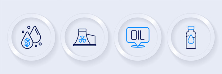 Set line Oil petrol test tube, Word oil, Nuclear power plant and drop with dollar symbol icon. Vector