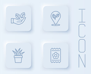 Set line Leaf in hand, Location with leaf, Plant pot and Pack full of seeds. White square button. Vector