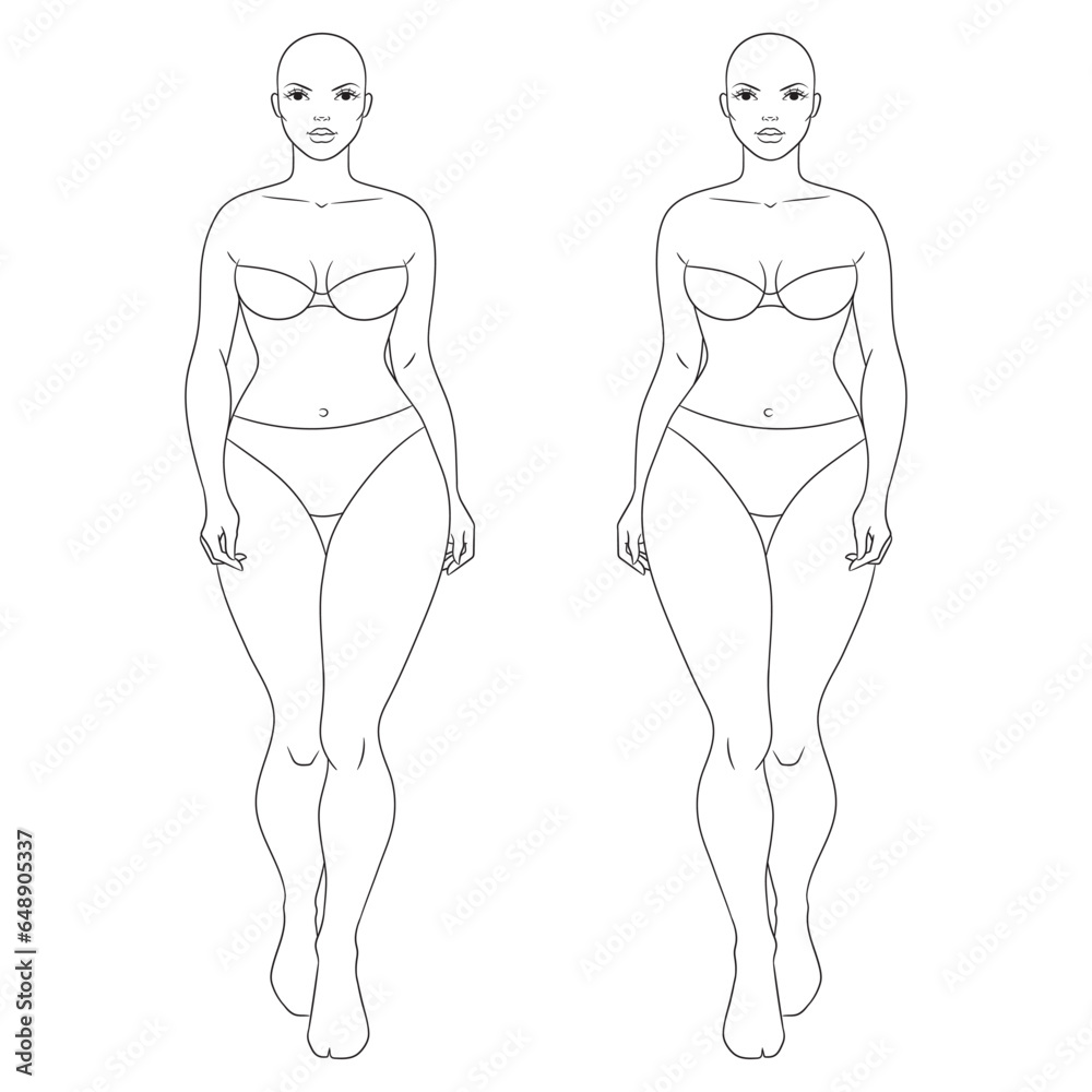 Canvas Prints Plus size female fashion figure , vector template. Curvy woman body vector line illustration. Curvy fashion model walking.