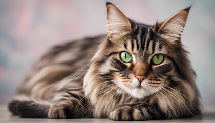Senior cat lying sideways on colored background. Full body of long hair tabby cat with beautiful green eyes. 