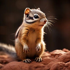 Naklejka premium Sideview of a Chipmunk rodent sitting on red sand stone.