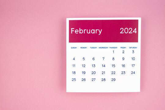 The calendar page february 2024 on pink color background.